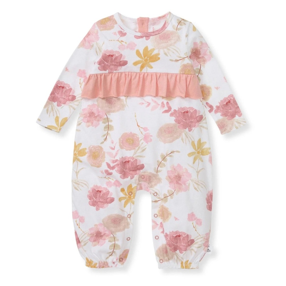 Burt’s bees organic pink floral ruffle button up girls one piece romper 12m